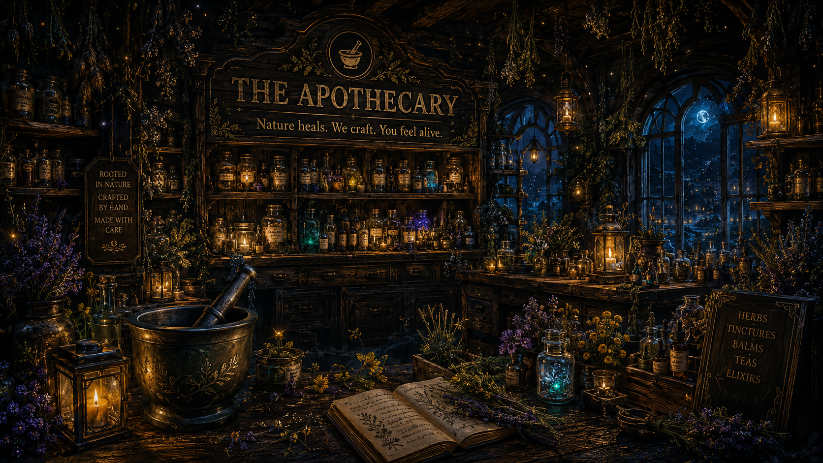 Inside the Hidden Glen Apothecary, with wooden shelves of jars and remedies, hanging herbs, glowing lanterns, a mortar and pestle, and moonlit windows.