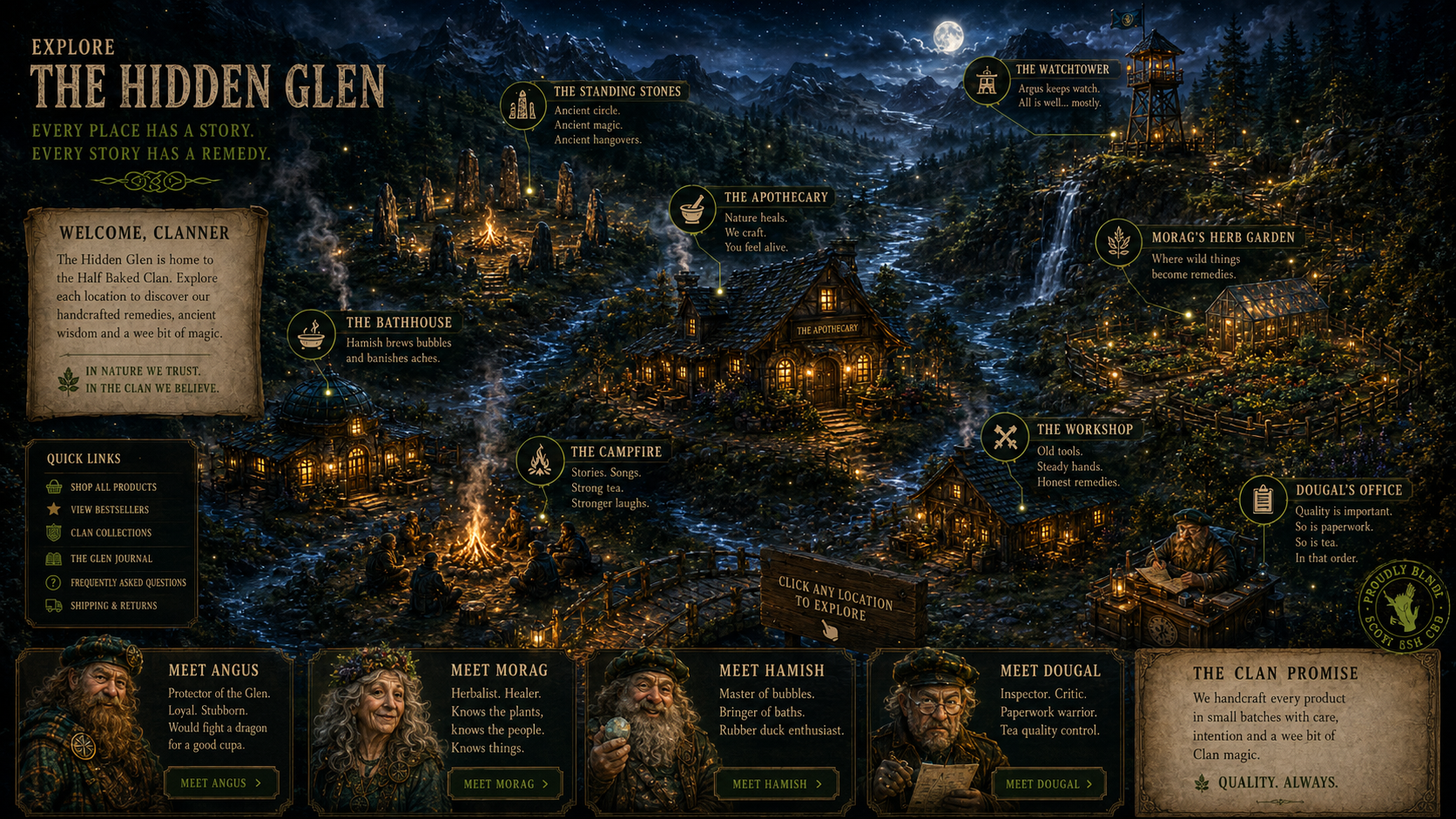 Illustrated map of the Hidden Glen showing the Apothecary, standing stones, watchtower, herb garden, bathhouse, campfire, workshop, Dougal's office and the Half Baked Clan.